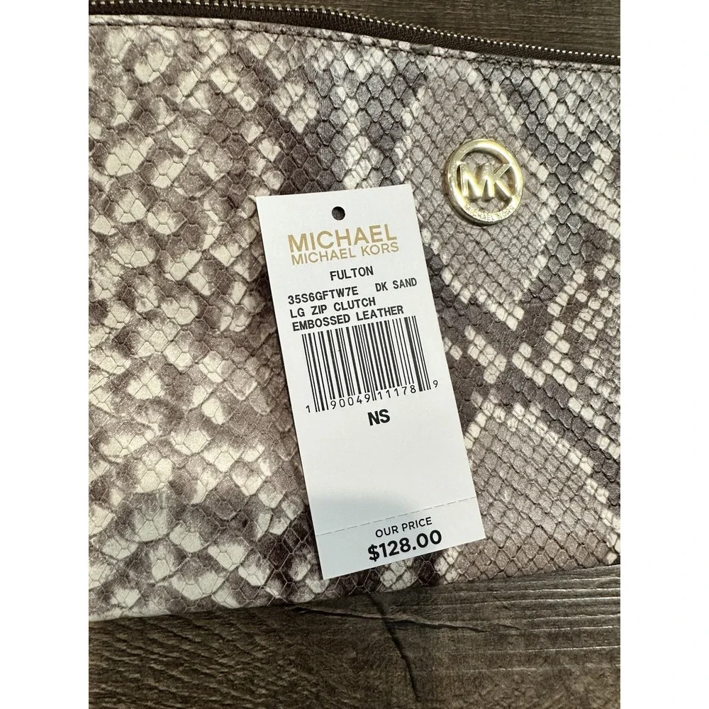 Michael Kors NWT Brown Python‎ Embossed Leather Zip Clutch